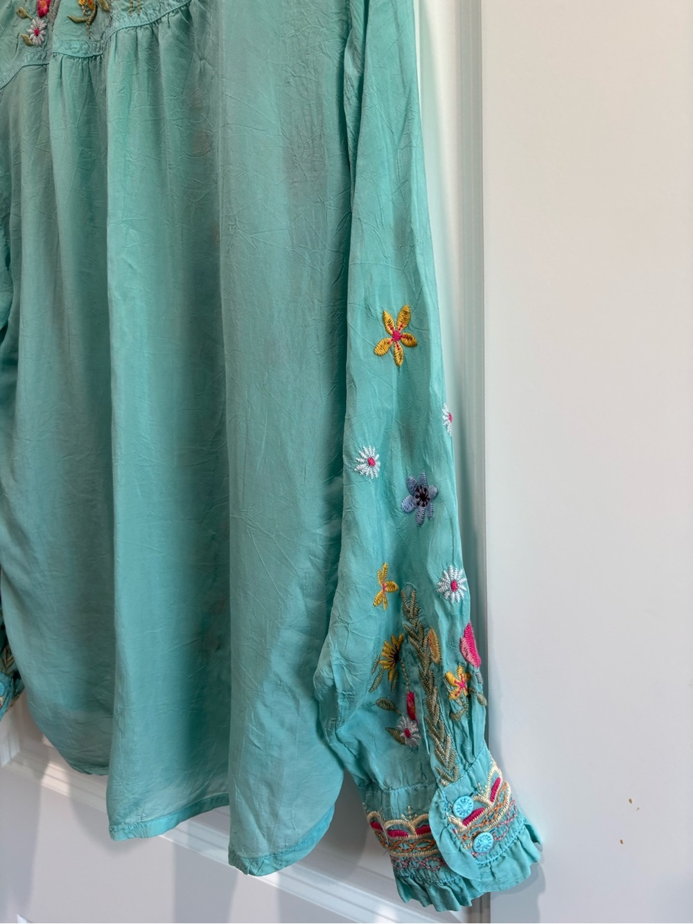 Johnny Was Turquoise Embroidered Button-Front Shirt - Picture 8 of 9